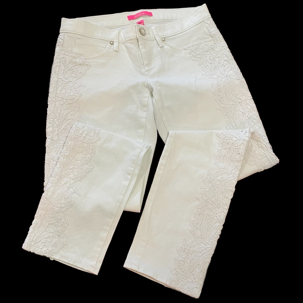 Lilly Pulitzer EUC Embroidered White Pants/Jeans Sz 4